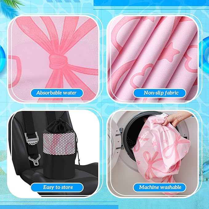 Hahafelt 2 Pack Car Seat Towel Covers with Storage Bag 63 x 32 Inch Athletic Running Towel Seat Sweat Washable Non Slip Cover Gift for Car Outdoor Sport Activities (Pink Bow)