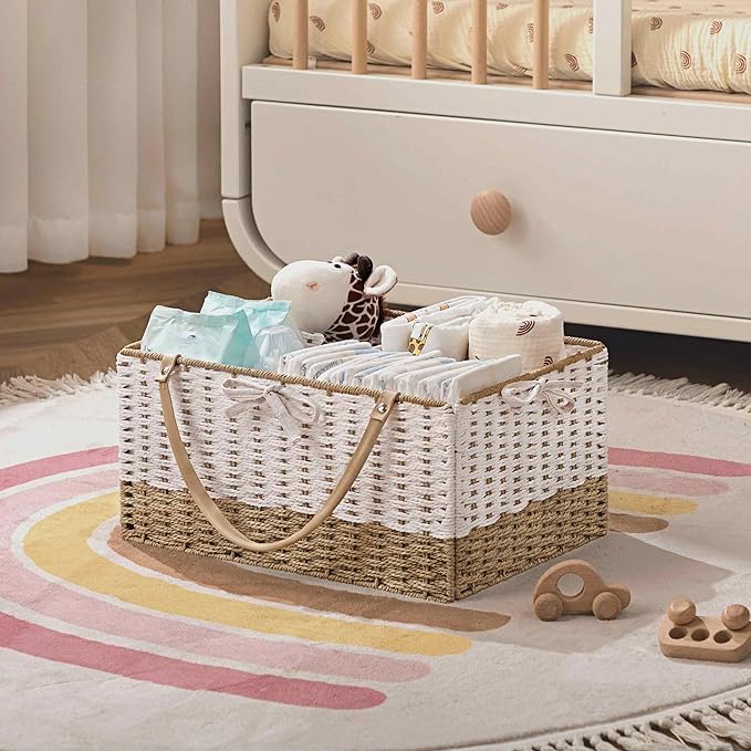 HBlife Diaper Caddy Organizer, Large Hand-Woven Storage Basket for Diapers & Baby Essentials - Modern Fashion Colorblock Design, Ideal Gift for Baby Shower & Registry Must-Have