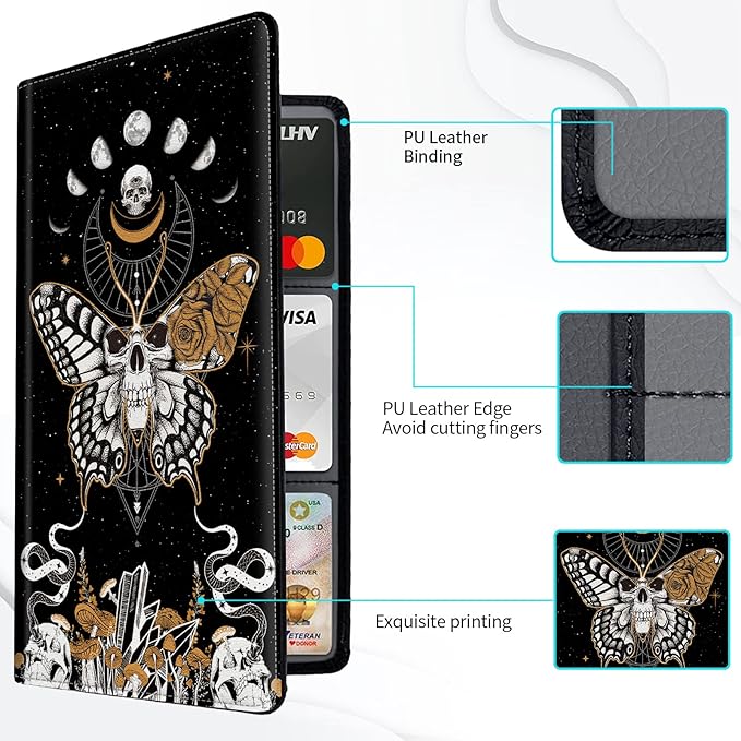 Car Registration and Insurance Card Holder, Premium PU Leather Vehicle Wallet Cover for Glove Box Car Organizer Drivers License / Cards / ID Essentials Document Holder, Skull Butterfly Moon Phase