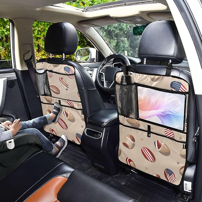 Brown Football and Flag 1 Pack Backseat Car Organizer with Storage Pockets Seat Back Organizers for Kids Kick Mats Backseat Protector Automotive