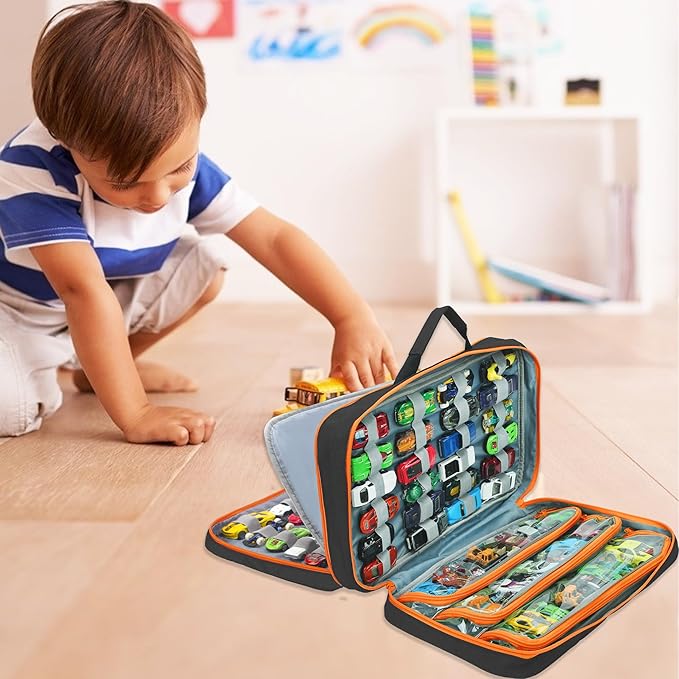 KISLANE Toy Car Storage Case with Elastic Bands and PVC Compartments - Holds 105 Diecast Cars, Matchbox Cars Storage Case, Portable Carrying case with Zipper Pockets (Black)