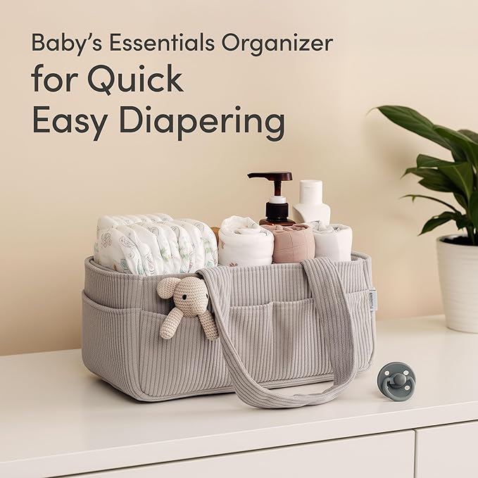 PUTSKA Baby Diaper Caddy Organizer for Changing Table – Stylish Nursery Storage Basket, Newborn Essentials, Baby Shower Gifts and Registry Must-Haves for Boy or Girl, Car Diaper Caddy, Corduroy Grey