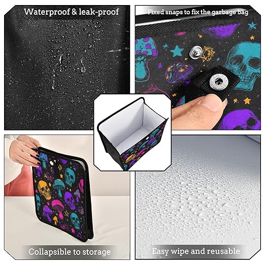 Car Trash Can Organizer Bin with Adjustable Strap for Back Front Seat Console Waterproof Leakproof Collapsible Portable 11 Inch Neon-colored Skulls Stars Mushrooms
