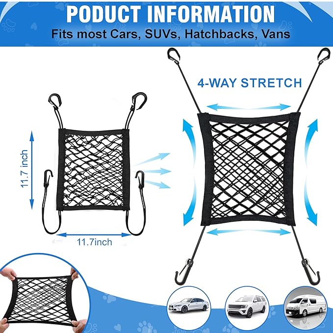 Universal Dog Car Net Barrier – Sturdy Mesh, Easy Install, Breathable Design, Easy to Clean, Flexible Bungee Cords for Adjustable Fit 23"×23" (Black) (2-Layer Mesh)