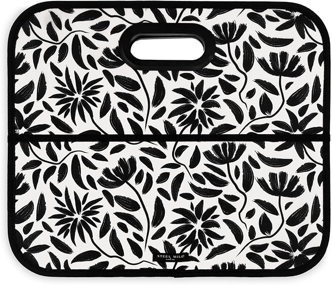 Steel Mill & Co Car Storage Bin, Car Accessories for Women, Cute Diaper Caddy/Trash/Grocery Tote for Vehicle, Trunk Organizer with Compartments, Hand Drawn Black Floral