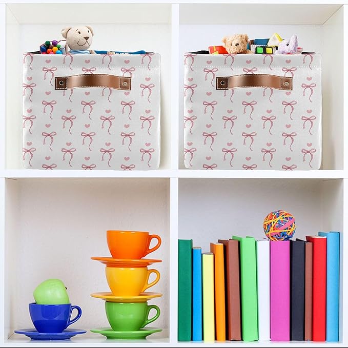 Wamika Pink Ribbon Bow Storage Basket with Waterproof Liner and PU Handles White Bow Tie Cute Storage Bins Boxes 14.2" Collapsible Decorative Organizer Baskets for Bedroom Closet Office 1 Pack