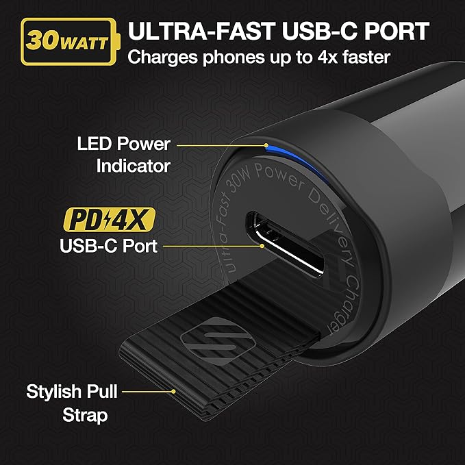 Scosche CPDC30 PowerVolt 30-Watt USB Type-C Fast Mini Flush Fitting Car Charger with Fabric Pull Tag & Power Delivery 3.0 with PPS for All USB-C Devices