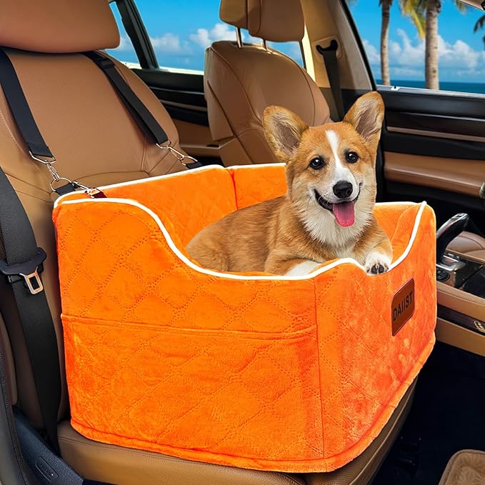 Dog Car Seat for Small Medium Dogs, Detachable Washable Dogs Booster Seat Under 35lbs, Elevated Dog Car Bed with Storage Pockets (Orange, One Size)