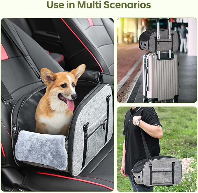 Dog Car Seat for Small Dog - Center Console Dog Car Seat with Double Protection Safety Belt and Non-Slip Bottom, Portable Pet Booster Seat with Washable Cushion & Storage Pocket, Grey
