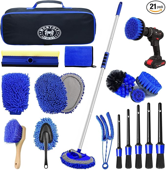 Wontolf 62'' Car Wash Brush Kit with Long Handle, Microfiber Car Wash Mop Mitt, Car Cleaning Detailing Kit, Exterior Interior Car Cleaning Supplies for Cars RV Truck Boat