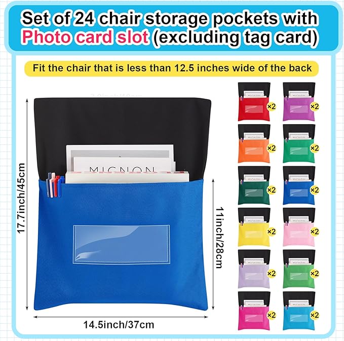 Chair Pockets for Classroom Chairback Pocket Chart 14 x 18 Inch Desk Organizer Pocket Chair Bag for Seat School Classroom(Classic,Colorful,24 Pcs)
