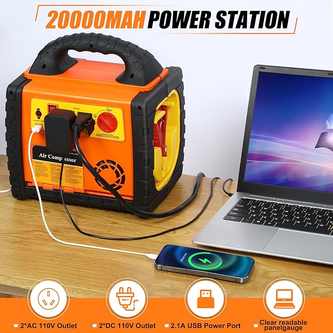 Jump Starter with Air Compressor 150PSI, Upgraded 2200A Peak 6 in 1 Portable Car Battery Booster, 12V Jump Box with 400W Inverter & AC/DC/USB Ports, for Up to 8.5L Gas/8.0L Diesel Engine