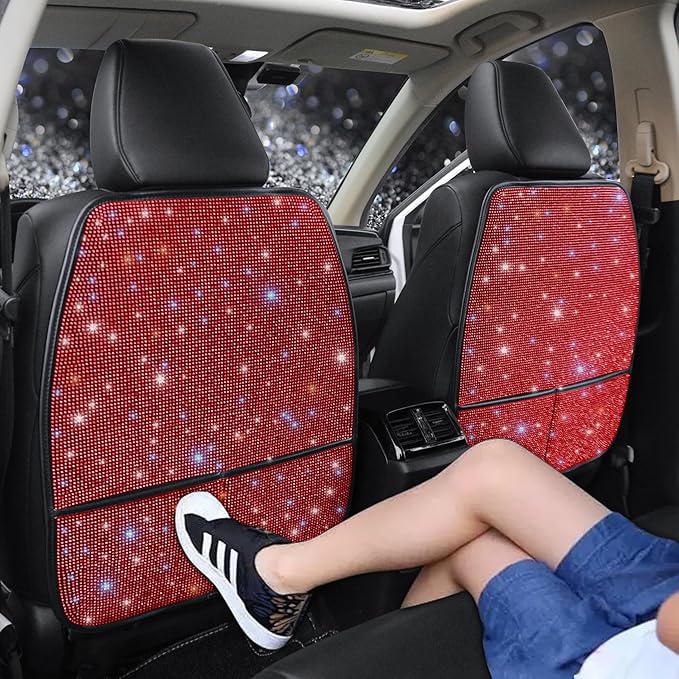 Luxury Bling Car Seat Back Protectors with Pockets – Sparkling Rhinestone Kick Mats, Universal Fit PU Leather Back Seat Covers for SUV Leather Seats, Diamond Protectors for Girls Red 2pcs