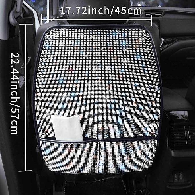 Bling Crystal Car Seat Back Kick Protectors with Storage, Sparkly Diamond Kick Mats, Universal Seat Protector for SUV and Automotive Crystal Auto Accessories for Women White 2pcs
