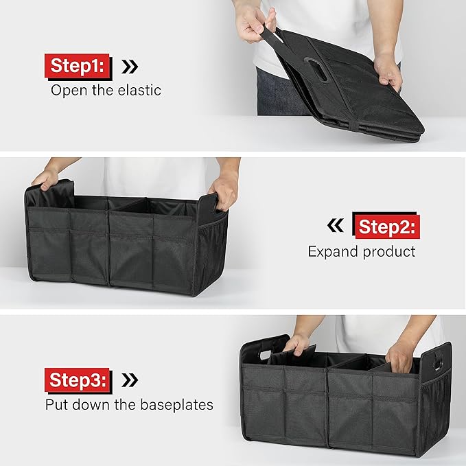 Simple Deluxe Car Trunk Organizer, 2 Compartments Anti-slip Design Collapsible Trunk Storage, Made of Waterproof 600D Oxford Polyester, Suitable for SUV, Minivan, Truck, Black