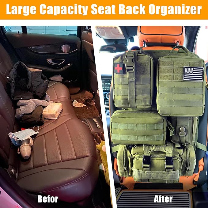 6 Pack Tactical MOLLE Car Seat Back Organizer - Universal Vehicle Storage Bag with 5 Detachable MOLLE Pouches, US Flag Patch & Keychain, Fits Jeep, Truck, SUV, Car, (Grenn)