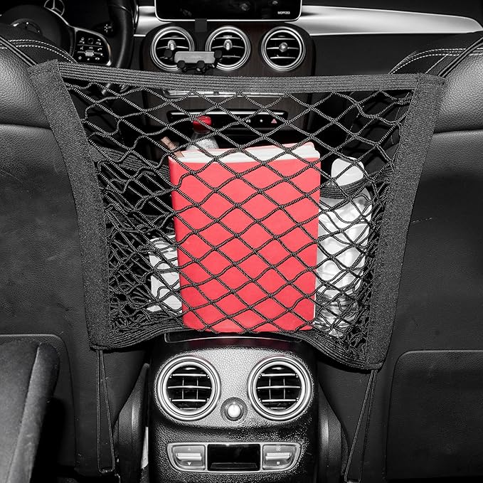 3 Layer Car Mesh Organizer Between Front Seats, Pet Dog Kid Net Barrier Car Net Pocket Elastic Storage Bag Tissue Purse Holder for SUV Truck Van, 15.7 x 13.7 Inch