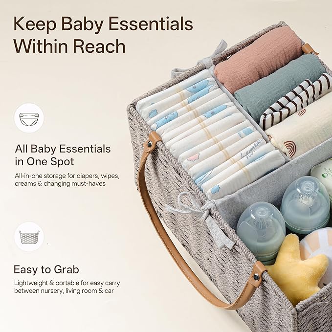 Angelhood Large Paper Rope Diaper Caddy, Baby Essentials Organizer, Portable Baby Shower Baskets Gift Bin, Car Storage Bag for Nursery