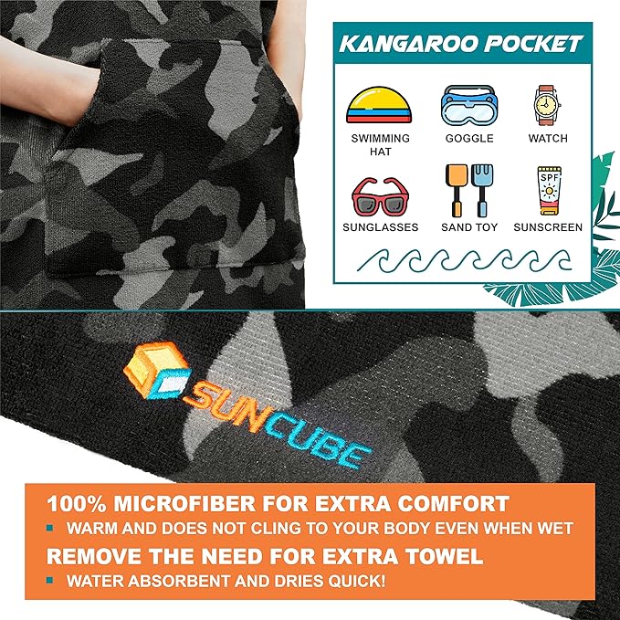 SUN CUBE Kids Changing Robe Surf Poncho, Kids Beach Towels for Teens, Microfiber Hooded Wearable Swim Towel Boys Girls Teenagers