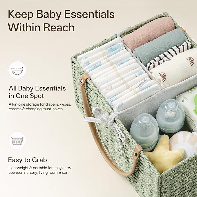 Angelhood Large Paper Rope Diaper Caddy, Baby Essentials Organizer, Portable Baby Shower Baskets Gift Bin, Car Storage Bag for Nursery