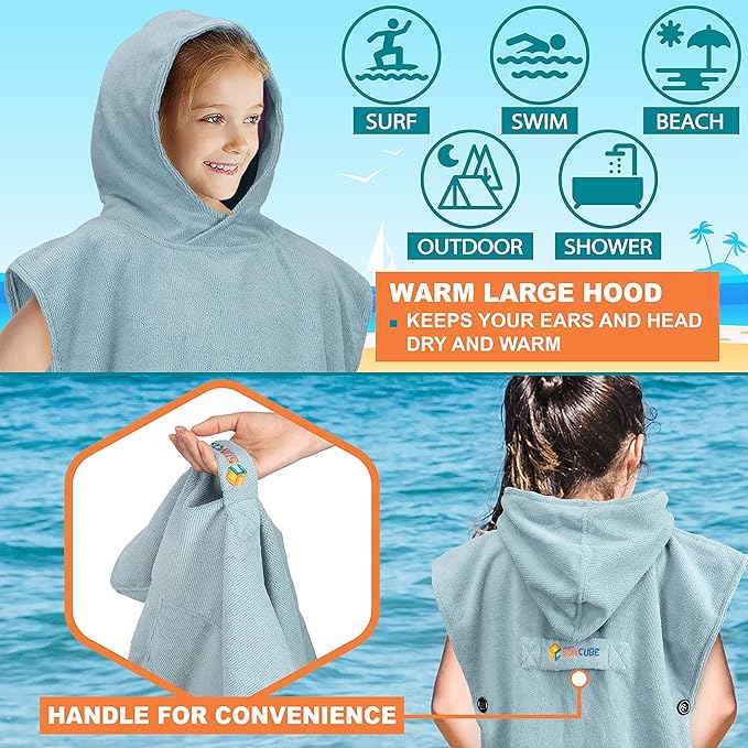 SUN CUBE Kids Changing Robe Surf Poncho, Kids Beach Towels for Teens, Microfiber Hooded Wearable Swim Towel Boys Girls Teenagers