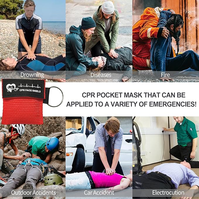 25 Packs CPR Face Shield with Keyring, CPR Pocket Mask Keychain for Emergency Kit with One Way Valve Breathing Barrier for First Aid or ADE Training