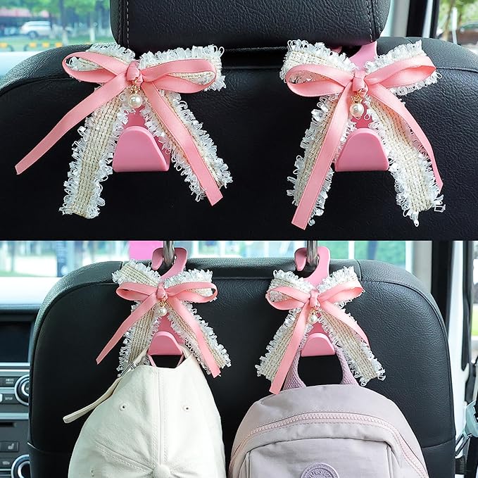 Amooca Car Seat Headrest Hook Cute Bowknot Vehicle Hanger Car Storage Organizer for Handbag Purse Coat Grocery Bag Pink White