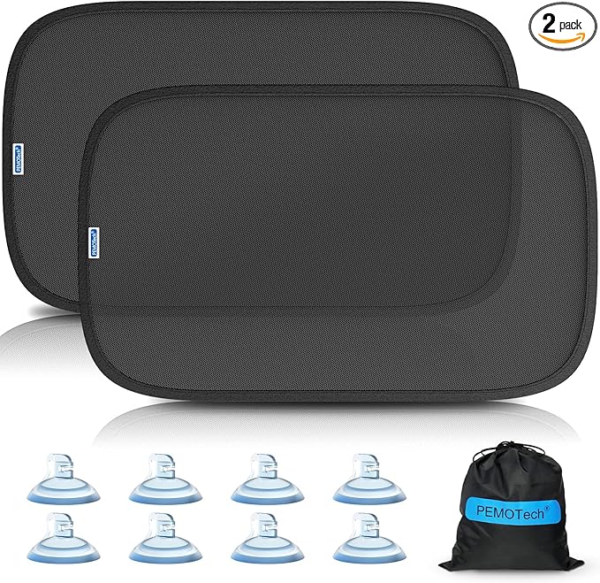 PEMOTech Car Window Shades for Baby【8 Suction Cups & Static Cling】 2 Pack-21"x14" Side Window Cover for Child,Certified Sunshades for Kids to Block 99.9% UVR, Sun Shade Universal Fit Most of Cars
