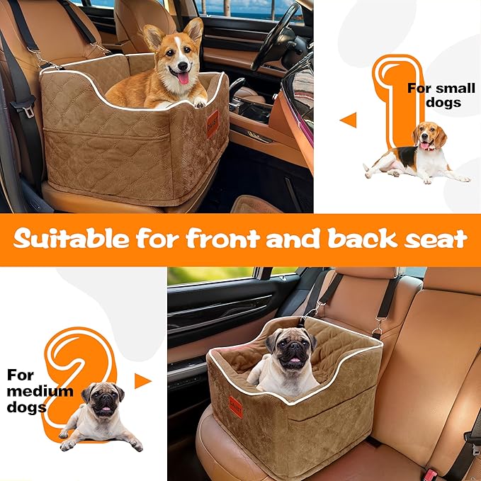 Dog Car Seat for Small Medium Dogs, Detachable Washable Dogs Booster Seat Under 35lbs, Elevated Dog Car Bed with Storage Pockets (Khaki, One Size)