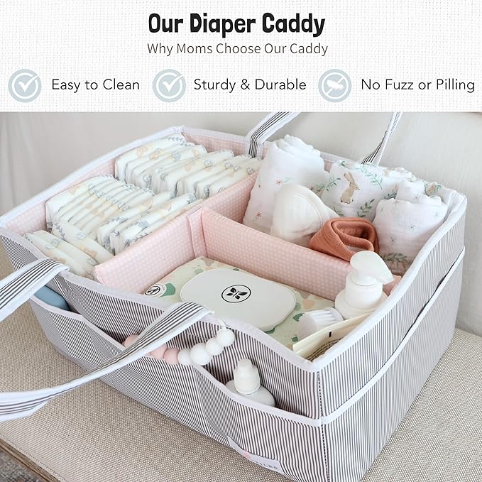 Lily Miles Baby Diaper Caddy - Organizer Tote Bag for Baby Girl Essentials - Baby Shower Basket - Nursery Must Haves - Registry Favorites - Newborn Caddie Car Travel - Gray/Blush, Extra Large