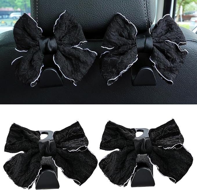 Amooca Car Seat Headrest Hook Cute Bowknot Vehicle Hanger Car Storage Organizer for Handbag Purse Coat Grocery Bag Puff Black