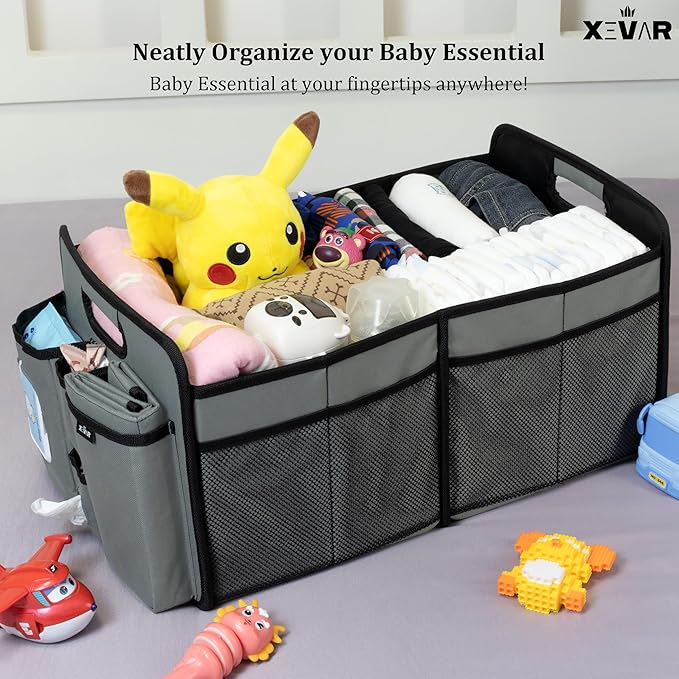 Baby Diaper Caddy Organizer with Changing Mat - Portable Car Caddy for Newborn Essentials, Diapers & Wipes, Perfect for Baby Shower and New Mom | Oxford Fabric, Grey