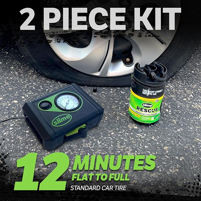 Slime 50138 Flat Tire Puncture Repair, Smart Spair Plus, Emergency Kit for Car Tires, Includes Sealant and Tire Inflator Pump, Suitable for Cars and Other Highway Vehicles, 12 Min Fix