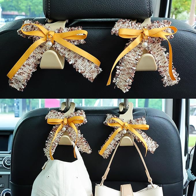 Amooca Car Seat Headrest Hook Cute Bowknot Vehicle Hanger Car Storage Organizer for Handbag Purse Coat Grocery Bag Beige Yellow