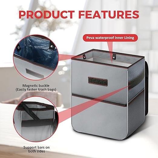 YSSOA Car Trash Can with Lid, Leak-Proof Organizer and Storage Bag, Adjustable and Portable Car Accessory Interior, Collapsible Multipurpose Car Garbage Bag, 2 Gallon, Grey