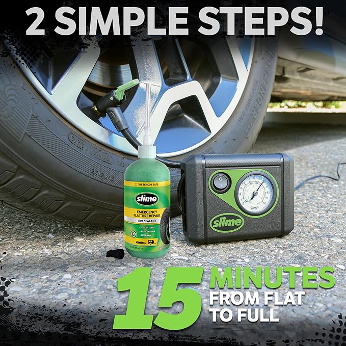 Slime 50107 Flat Tire Puncture Repair, Smart Spair, Emergency Kit For Car Tires, Includes Sealant And Tire Inflator Pump, Suitable For Cars And Other Highway Vehicles, 15 Min Fix