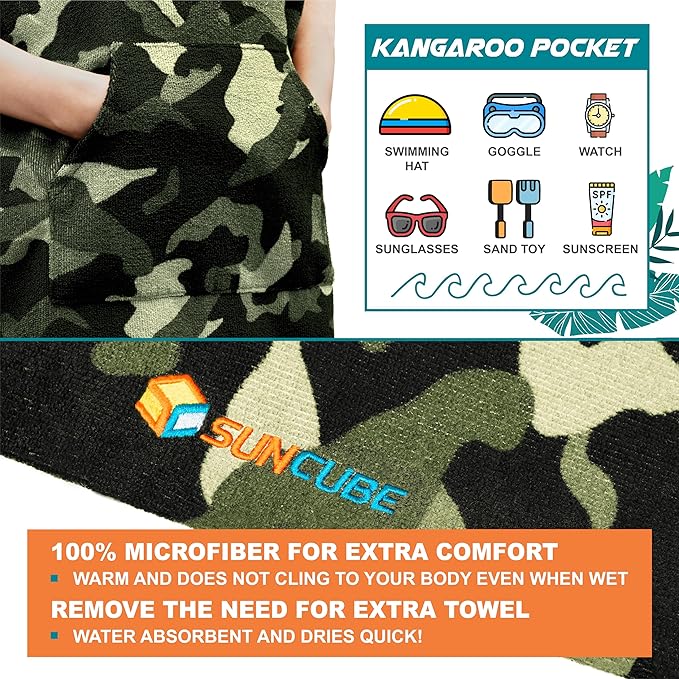 SUN CUBE Kids Changing Robe Surf Poncho, Kids Beach Towels for Teens, Microfiber Hooded Wearable Swim Towel Boys Girls Teenagers