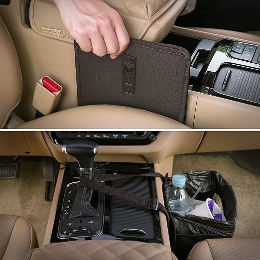 KMMOTORS Jopps Car Trash Can – Compact Foldable Bin with Strap, PU Leather & Oxford, Waterproof, Space-Saving, Simple Modern Design, Mounts on Headrest, Console, Gear Shift (Medium, Brown)