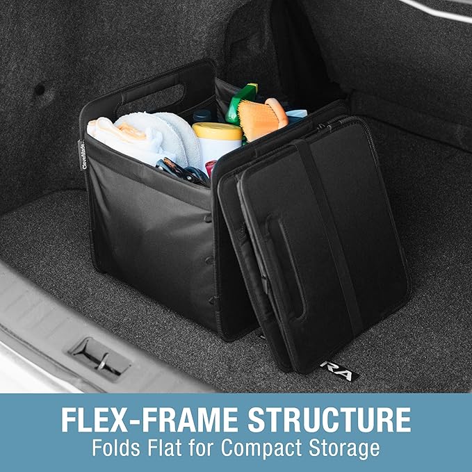 CleverMade Double Trunk Caddy 46L – Collapsible Trunk Organizer for SUV with Flex-Frame Structure, Connectable Car Storage Basket for Groceries & Cargo – Midnight Black