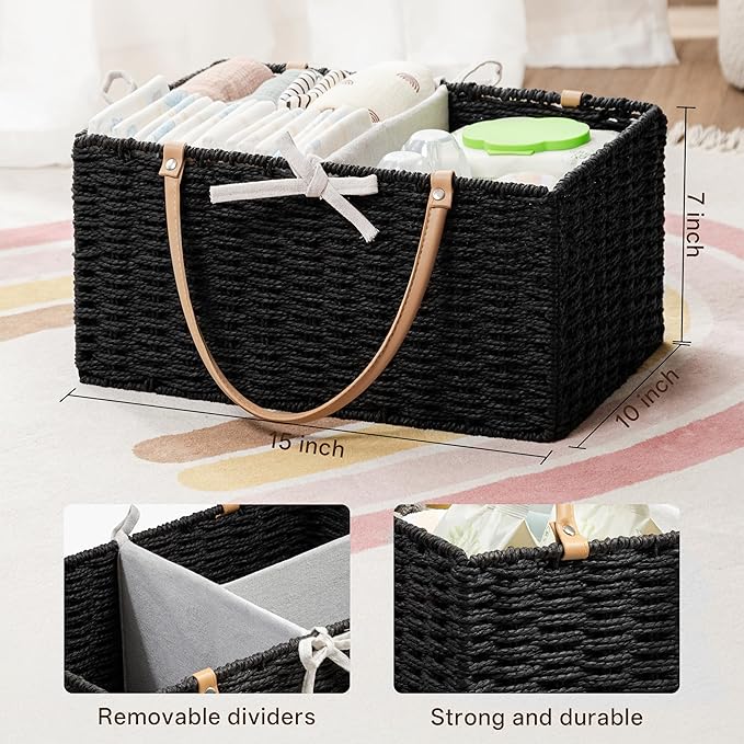 Angelhood Large Paper Rope Diaper Caddy, Baby Essentials Organizer, Portable Baby Shower Baskets Gift Bin, Car Storage Bag for Nursery