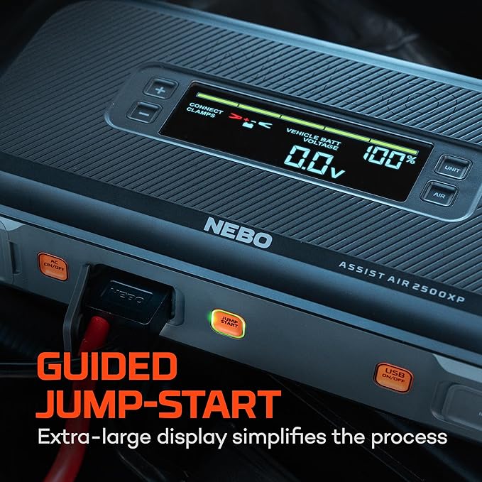 NEBO Assist Air 2500XP+ Jump Starter and Air Compressor | 4-in-1 2500 Amps Car Jump Starter, Air Compressor 150 PSI, Charger, and Floodlight, USB Compatible, Automotive, Emergency, Spark-Proof Safety
