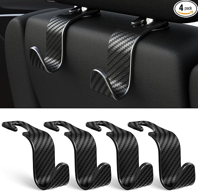 Amooca 4-Pack Car Headrest Hooks Vehicle Storage Organizer for Purses Handbags Groceries Coats –Holds 55lbs 360° Rotating Simple Design Black Checkered