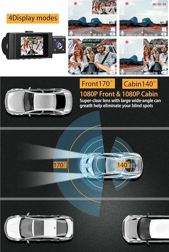 Dual Dash Cam Front and Inside FHD 1080P Dash Camera for Cars Dashcams for Cars with Infrared Night Vision, Car Camera Driving Recorder 24H Park Monitor Motion Detection G-Sensor for Taxi Uber