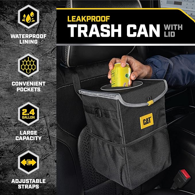 CAT® Car Seat Organizer & Trash Can Cooler Bundle – Portable Seat Caddy with Adjustable Straps + 2.4 Gallon Leak-Proof Hanging Trash Bin with Waterproof Liner, Car Accessories for Cars Trucks SUVs