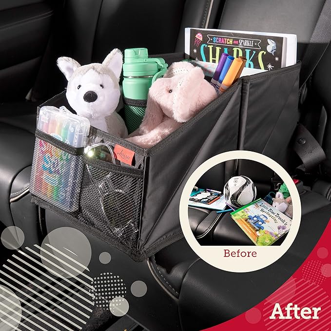 Lusso Gear 9-Compartment Car Seat Organizer with Cup Holders - For Front, Back, Passenger Seats, Truck and Van (Black w Red Stitch)