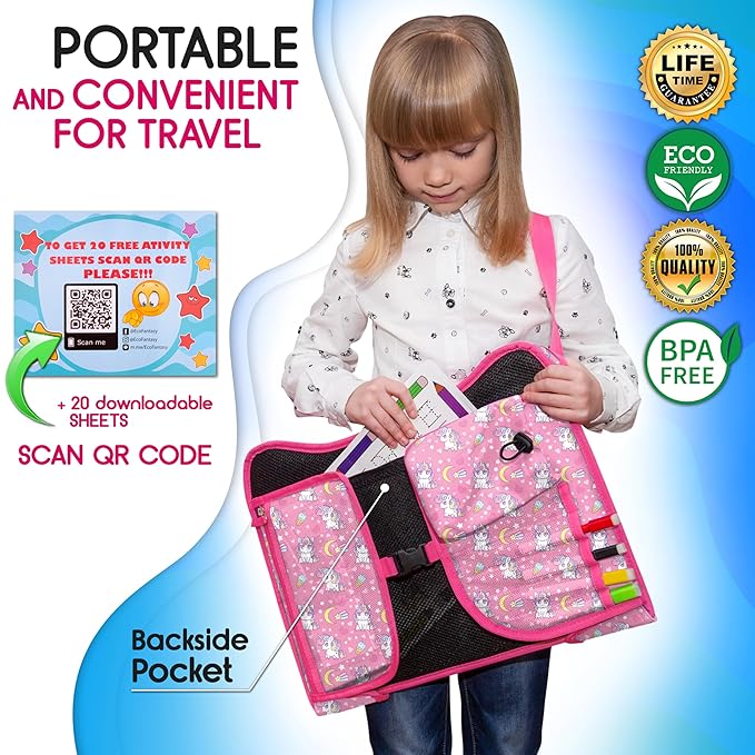 Kids Travel Tray - Waterproof Lap Table with No-Drop Large Tablet Holder - Car Seat Tray - Road Trip Essentials Kids - Car Desk Organizer for Airplane - Toddler Travel Essentials (UNICORN)