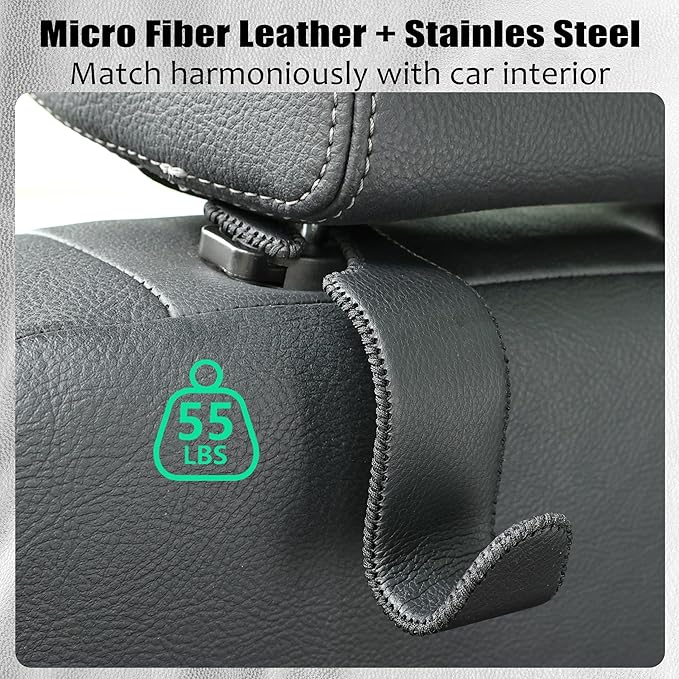 Amooca Car Seat Headrest Hook Universal Vehicle Storage Hanger Leather with Metal Car Seat Back Organizer for Handbag Purse Coat Black 2 Pack
