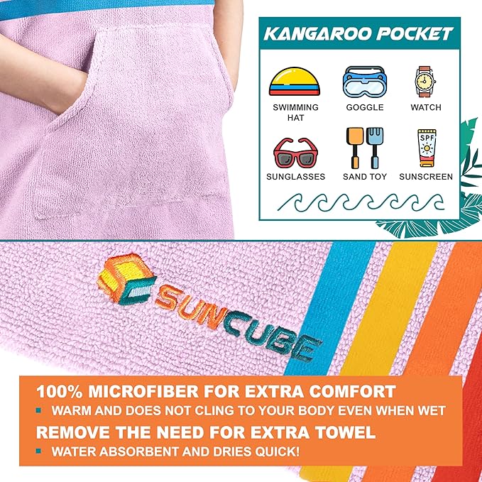 SUN CUBE Kids Changing Robe Surf Poncho, Kids Beach Towels for Teens, Microfiber Hooded Wearable Swim Towel Boys Girls Teenagers