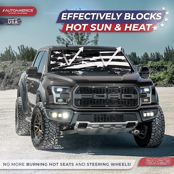 Autoamerics Truck Windshield Sun Shade with Storage Pouch & Anti-Slip Dash Pad - Foldable B&W Art USA Flag Design - Fits Most SUVs & Trucks - Block UV Rays and Keeps Vehicle Cool | XL (66 x 36 inches)