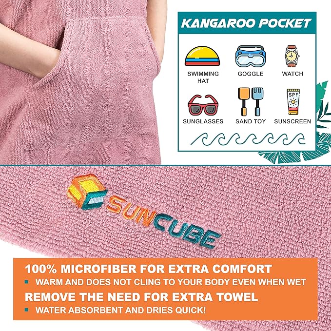 SUN CUBE Kids Changing Robe Surf Poncho, Kids Beach Towels for Teens, Microfiber Hooded Wearable Swim Towel Boys Girls Teenagers